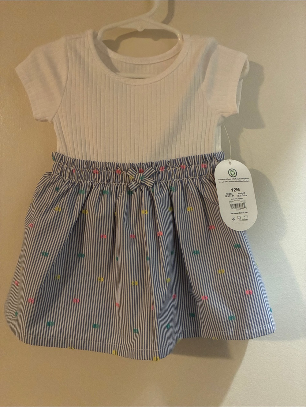 White Ribbed Top with Blue Striped Skirt Baby Dress - Multicolor Embroidery